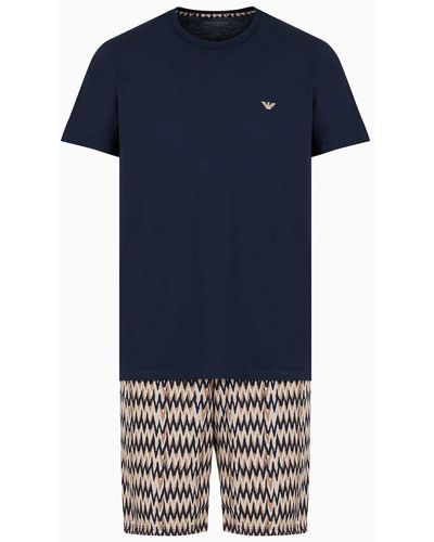 Emporio Armani Comfort-fit Pyjamas With Mixed Pattern Bermuda Shorts - Blue