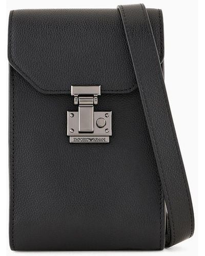 Emporio Armani Tumbled-leather Tech Case With Shoulder Strap - Black