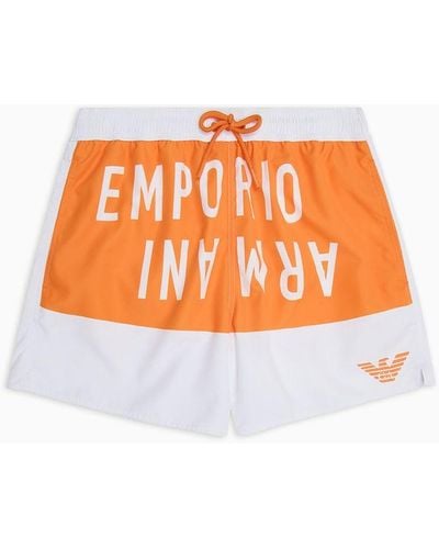 Emporio Armani Asv Recycled-fabric Swim Shorts With Bold Logo Band - Orange