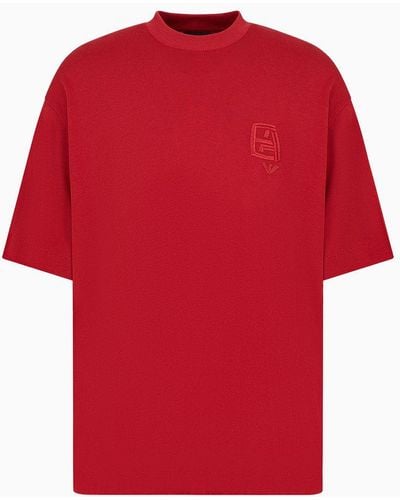 Emporio Armani T-shirt Over Fit In Jersey Heavy Con Ricamo Logo Ea - Rosso