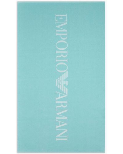 Emporio Armani Terrycloth Beach Towel With Oversized Logo - Blue