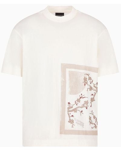 Emporio Armani Asv T-shirt Aus Einer Jersey-lyocell-mischung, Mit Stickerei Und Orient-print - Weiß