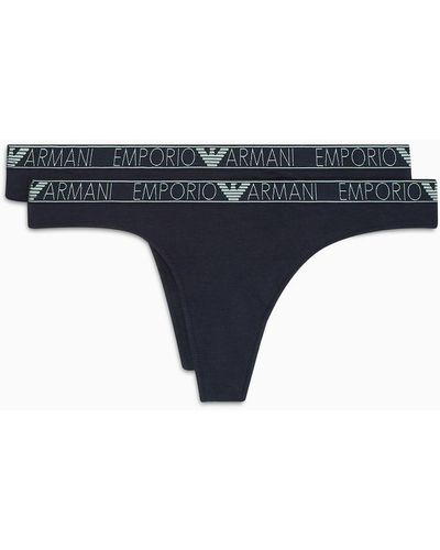 Emporio Armani Asv Two-pack Of Organic-cotton Thongs With Logo Studs - Blue