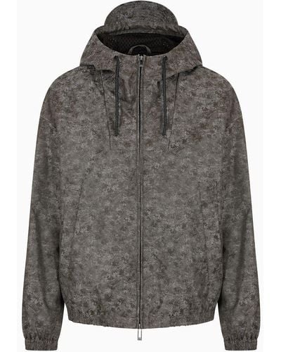 Emporio Armani Water-repellent Hooded Blouson In Nylon Jacquard With A Camouflage Pattern - Grey