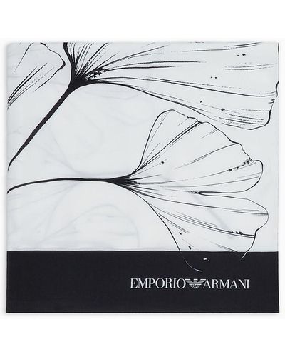 Emporio Armani Viscose Stole With An All-over Ginkgo Print - Grey