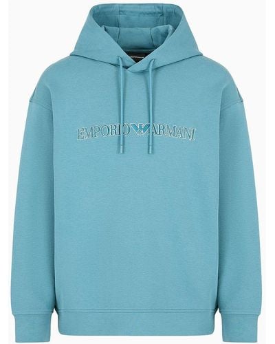 Emporio Armani Oversize-sweatshirt Mit Kapuze, Gefertigt Aus Doppellagigem Jersey Mit Kapuze Und Gesticktem, Profiliertem Logo - Blau