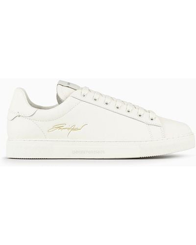 Emporio Armani Sneakers In Pelle Con Logo Signature Gold - Bianco