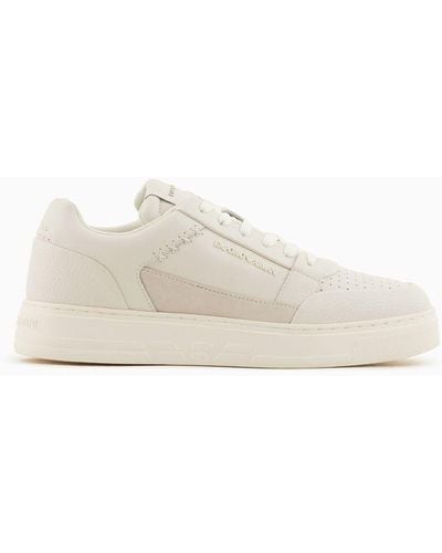 Emporio Armani Asv Regenerated-leather Trainers With Stitching Details - White