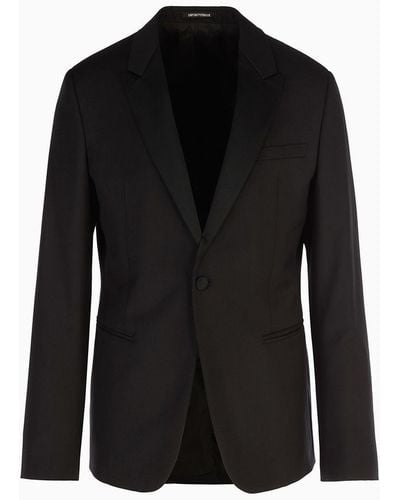 Emporio Armani Worsted Virgin Wool Jacket With Satin Lapels - Blue