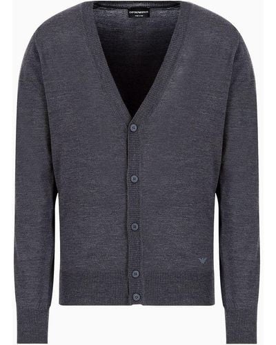 Emporio Armani Plain-knit Virgin-wool V-neck Cardigan - Black