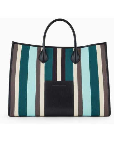 Emporio Armani Shopper Bag In Multicolour Striped Canvas - Blue