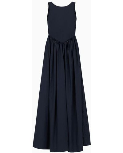 Emporio Armani Long, Full-skirted Poplin Dress With Gathered Waist - Blue