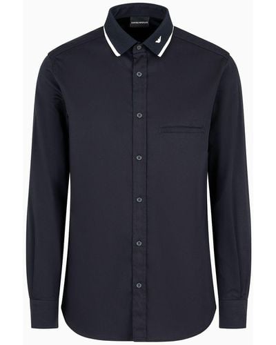 Emporio Armani Satin Shirt With Contrasting Ribbed Collar - Blue