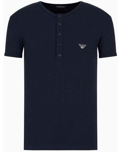 Emporio Armani Slim-fit Henley Loungewear T-shirt In Ribbed Cotton With Eagle Micro Patch - Blue
