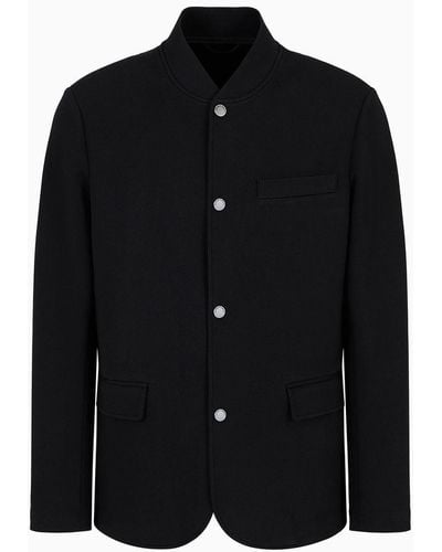Emporio Armani Piqué Jersey-fleece Jacket With Press Studs - Black