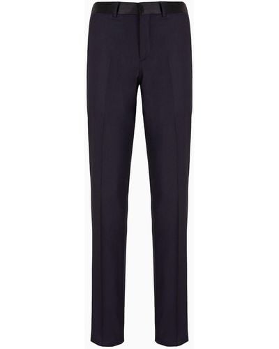 Emporio Armani Worsted Virgin-wool Pants With Satin Waistband, 100% Virgin Wool, Navy Blue, Size: 44