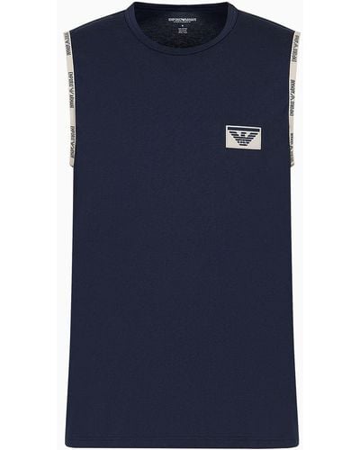 Emporio Armani Cotton Loungewear Tank Top With Logo Piping And Patch - Blue
