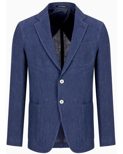 Emporio Armani Single-breasted Jacket In Faded Linen With A Crêpe Texture - Blue