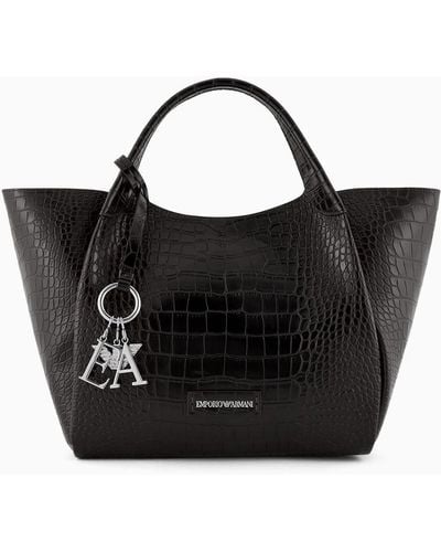 Emporio Armani Shopper Bag With Mock-croc Finish And Logo Charm - Black