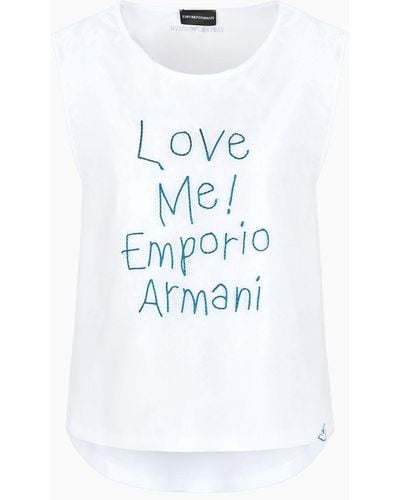 Emporio Armani Asv Embroidered Organic Jersey Top With Organza Insert - White