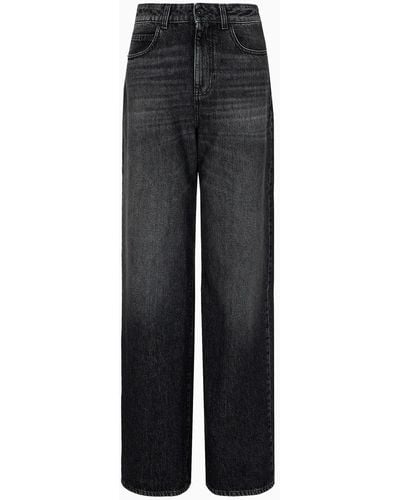Emporio Armani J8b High-waisted Wide-leg Jeans In Vintage-look Denim With A Logo Tag - Black