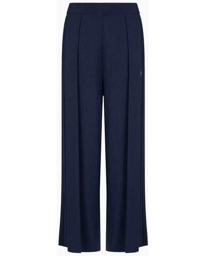 Emporio Armani Loose-fit Loungewear Trousers In Fluid Viscose With Studded Eagle Logo - Blue
