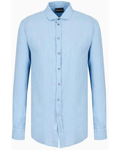 Emporio Armani Hemd Mit Französischem Kragen Aus Stückgefärbtem Leinen - Blau