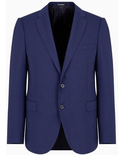 Emporio Armani Slim-fit Single-breasted Jacket In Natural, Tropical, Stretchy, Light Wool - Blue