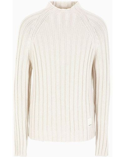 Emporio Armani Asv Capsule Mock-neck Sweater In A Ribbed Recycled Wool Blend - White