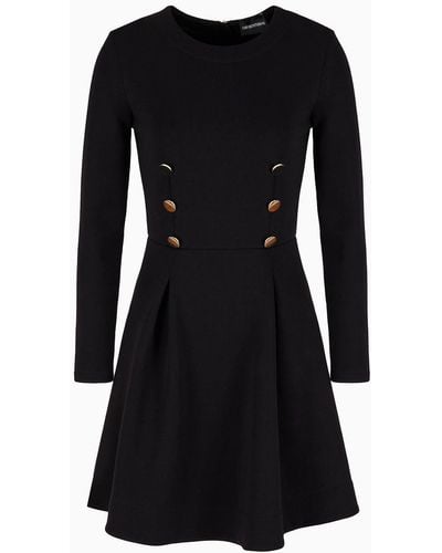 Emporio Armani Double-jersey Pleated, Flared Dress With Golden Buttons - Black