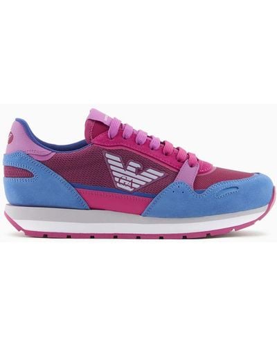 Emporio Armani Mesh Sneakers With Suede Details And Eagle Patch - Purple