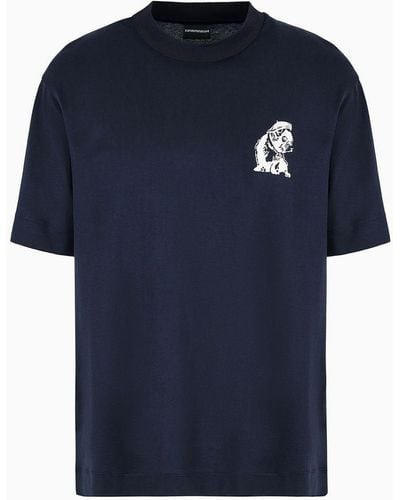 Emporio Armani Lyocell Blend-jersey T-shirt With Asv French Bulldog Embroidery - Blue