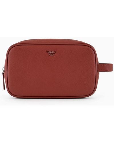 Emporio Armani Asv Regenerated Saffiano Leather Washbag With Rubberised Eagle - Red