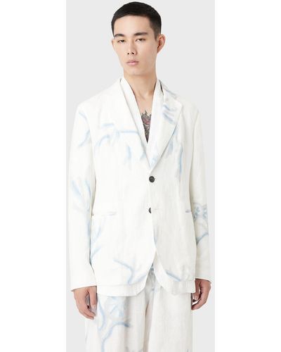 Emporio Armani Single-breasted Jacket In All-over Coral-print Linen - White