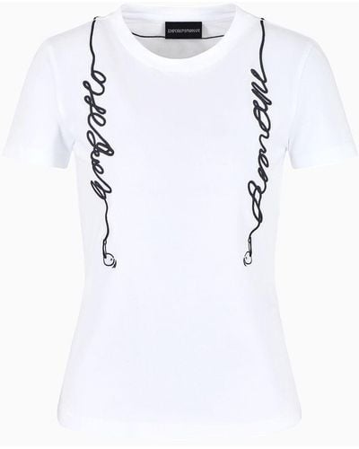 Emporio Armani Camiseta De Punto Orgánico Con Bordado De Logotipo En Cursiva Efecto Trampantojo Con Auriculares Asv - Blanco