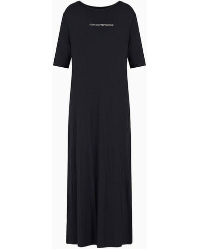 Emporio Armani Stretch-viscose Long Beachwear Dress With Micro-studded Logo - Black