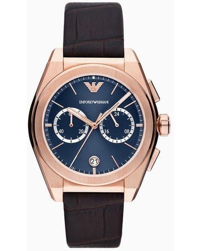 Emporio Armani Chronograph Brown Leather Watch - Blue