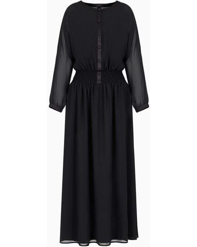 Emporio Armani Long Dress In Georgette With Gathered Waist - Black