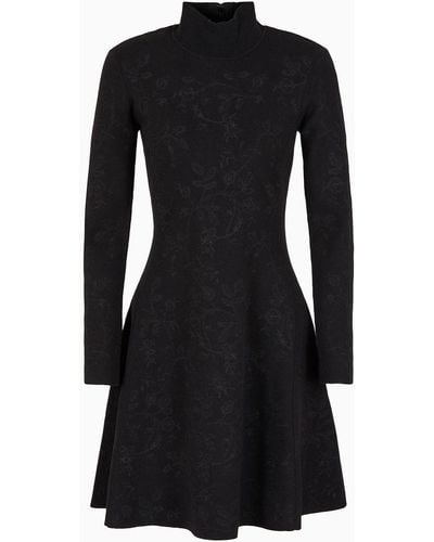 Emporio Armani Knitted Mock-neck Dress With All-over Matching Floral Embroidery - Black