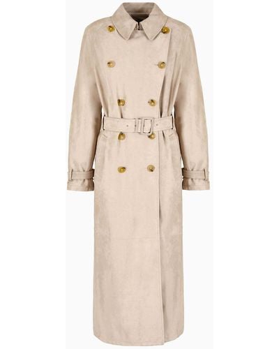 Emporio Armani Icon Double-breasted, Belted Trench Coat In Goatskin Suede - Natural