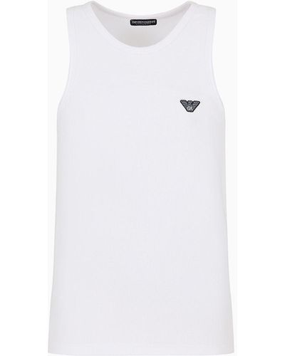 Emporio Armani Ribbed Cotton Loungewear Tank Top With Micro Eagle Patch - White
