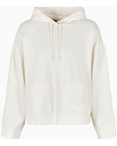 Emporio Armani Hooded Sweatshirt In Milano-stitch Fabric With Logo Tape - White