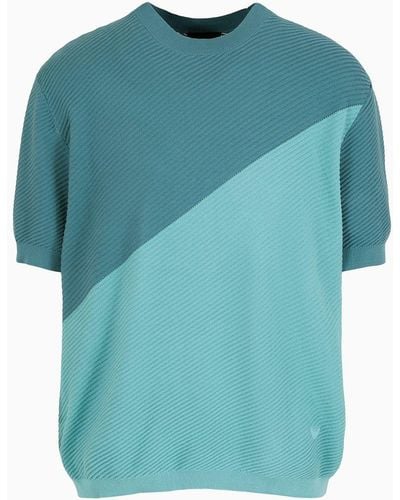 Emporio Armani Short-sleeved Jumper With Diagonal Stitched Weave - Blue