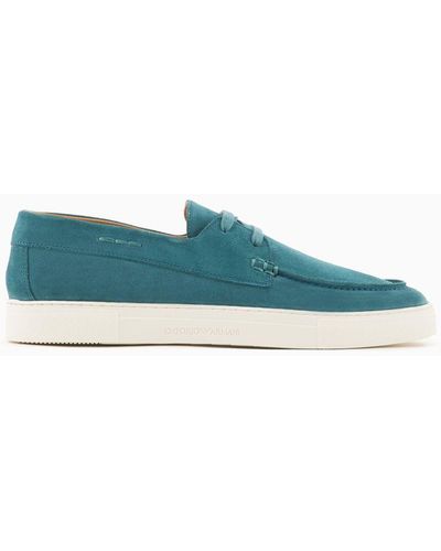 Emporio Armani Crust Leather Boat Shoes - Blue