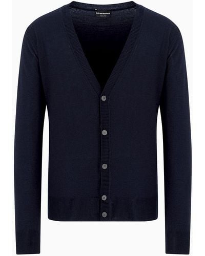 Emporio Armani Plain-knit, Virgin-wool V-neck Cardigan - Blue