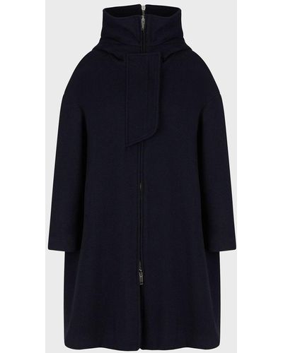 Emporio Armani Virgin Casentino Wool Coat With Oversized Hood And Double Zip - Blue