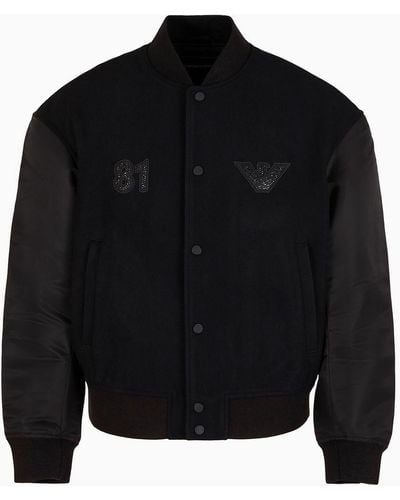 Emporio Armani Clubwear Casentino Wool Bomber Jacket With Nylon Sleeves And Rhinestone Patch - Black