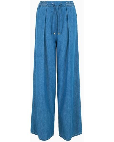 Emporio Armani Light Denim Wide-leg Trousers With Drawstring - Blue