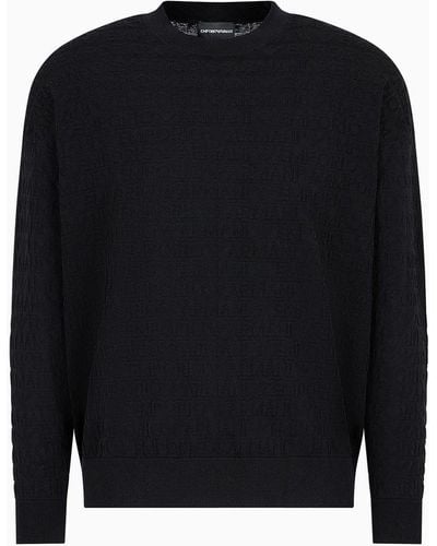 Emporio Armani Cotton Sweater With All-over Jacquard Lettering - Black