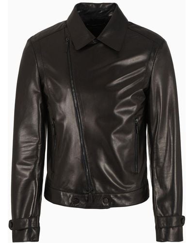 Emporio Armani Biker Jacket In Partially Vegetable-tanned Plonge Lamb Nappa Leather - Black